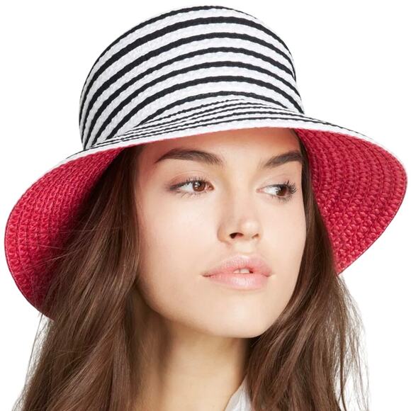 Eric Javits Braid Dame Straw Bucket Hat Black White Striped RARE PINK UPF 50+ - Picture 1 of 10